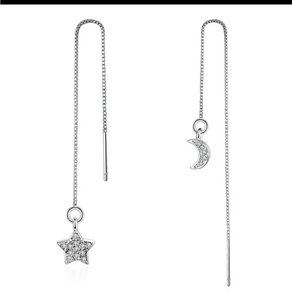 Sterling Silver Moon Star CZ Threader Earrings - Picture 2 of 2